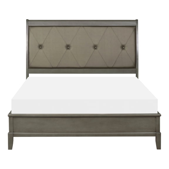 Queen Bed With Gray Faux Leather Button- Headboard And Umbrella Stand In Comforter