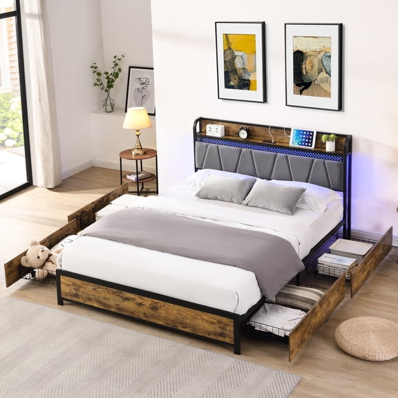 Queen Bed With Storage Headboard And Charging Socket, 4 Big Drawers, Led , Brown Scheme Size Platform Storage, Facility, Lights, Brown Gray Style