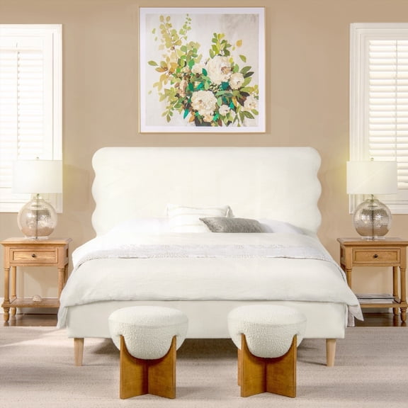 Queen Bed having a Wavy Antique White Polyester Headboard by Stockholm