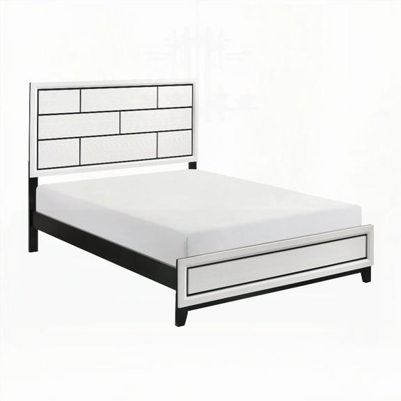 White Finish Queen Bed with Black Line Design as Part of Modern Contemporary Wooden Bedroom Furniture