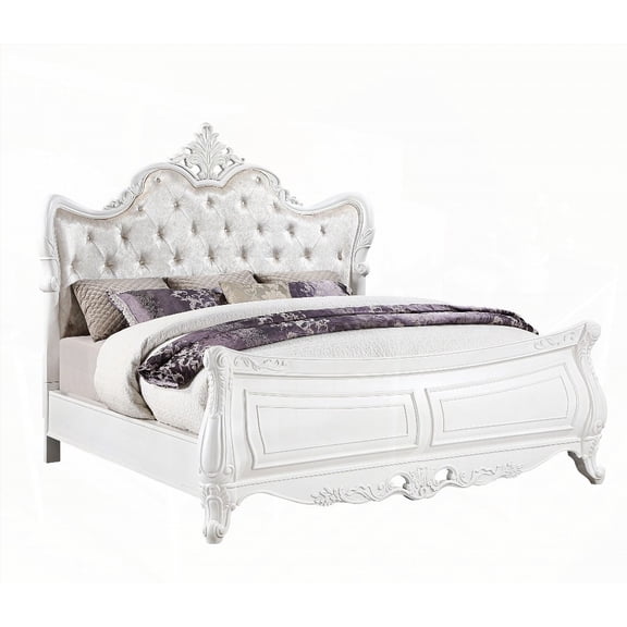 Queen Bed in Modern Opulence Style, Made of Wood with Pearl White and Ornate Details