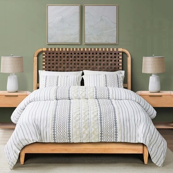 Queen Bed in Woven Faux Leather and Solid Wood - Mid-Century Modern Style