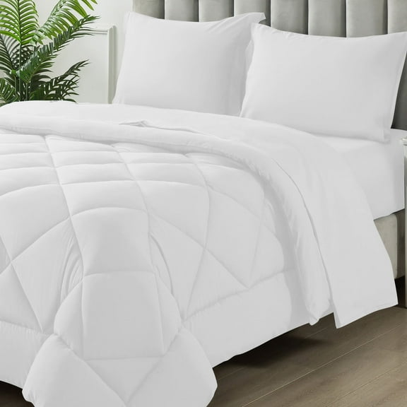 Queen Bed in a Bag Comforter Set with 7 Pieces - White All Season Bedding Sets with Comforter, Pillow Shams, Flat Sheet, Fitted Sheet and Pillowcases