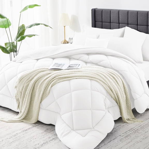 Queen Bed in a Bag Comforter Set with 7 Pieces - White All Season Bedding Sets with Comforter, Pillow Shams, Flat Sheet, Fitted Sheet and Pillowcases