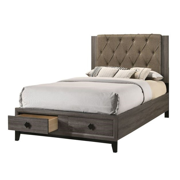 Queen Bed w/Storage, Fabric & Rustic Gray Oak