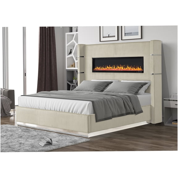 Queen Bed with Bluetooth Speakers, LED Fireplace Headboard, USB Ports, Plush Velvet Upholstery, Modern Platform Bed Frame