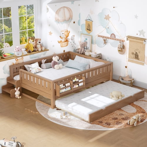 Queen Bed with Built-in Bookshelves and Staircase,Safety Rails,Storage Trundle Bed Frame,Solid Wood Construction,for Guest Room Bedroom,Natural
