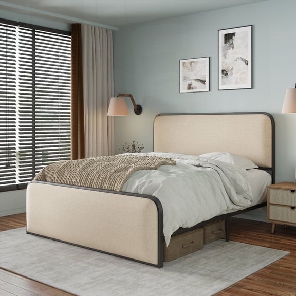 Queen Bed with Curved Upholstered Head & Foot in Beige, Under Bed Storage, All-Metal Structure