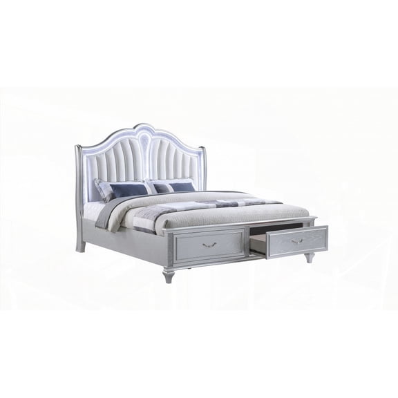 Queen Bed with Mystic's Contemporary Upholstered Headboard in Silver and Wood