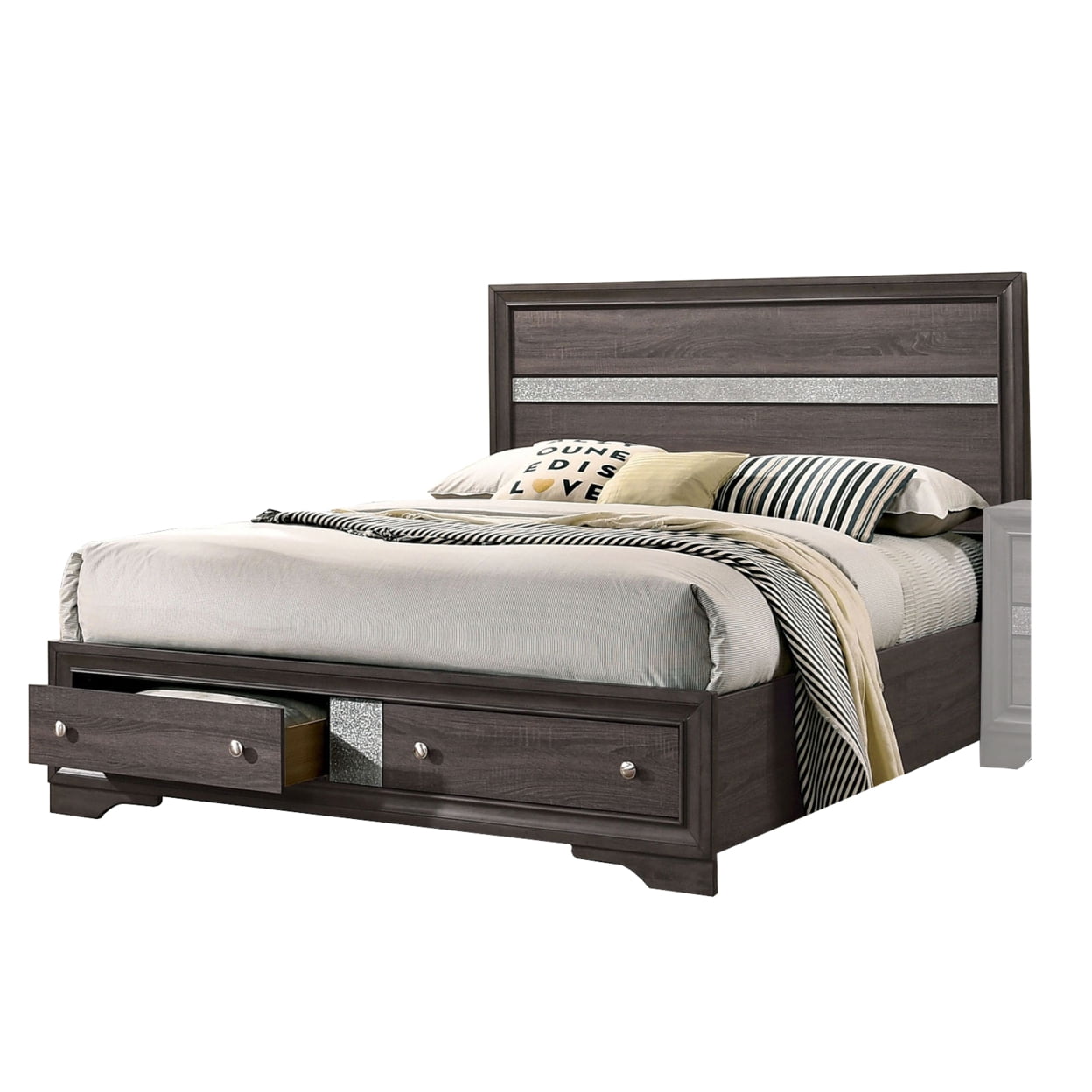 Queen Bed with Plank Headboard and 2 Drawers Brown and Silver - Saltoro Sherpi