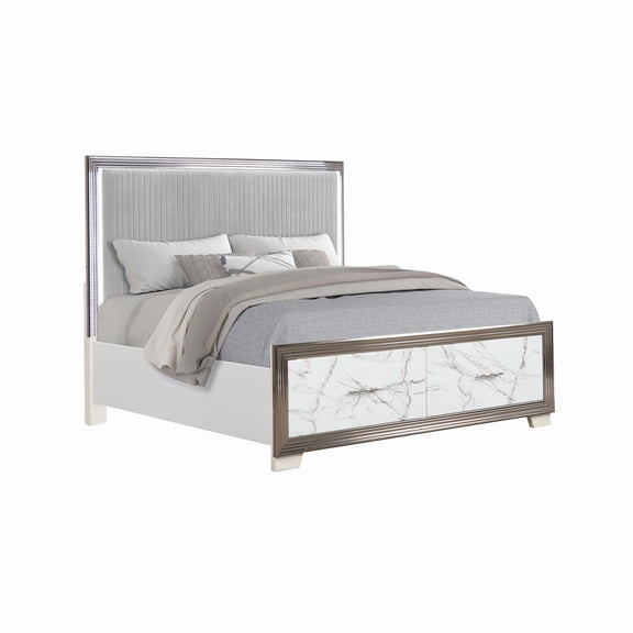 Queen Bed with Storage Drawers, LED Headboard and Marble Accent, Upholstered Platform Frame