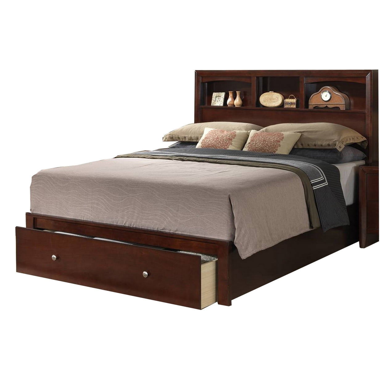 Queen Bed with Storage Footboard Bookcase Headboard Modern Cherry Brown