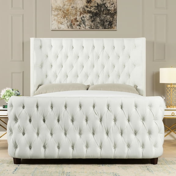 Queen Bed with Tall Headboard in Antique White Polyester / Fits Box Spring, Adds Luxury to Bedroom