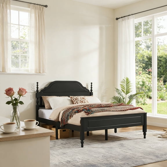 Queen Bed with Upholstered Padded Headboard, Solid Wood Frame, Elegant Centerpiece for Master Bedroom, Vintage Style, Black