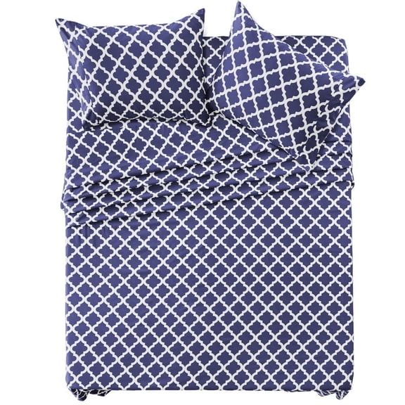 Lux Decor Queen Bed Sheet Set 4 Piece, Soft Microfiber, Deep Pockets - Quatrefoil Pattern, 1 Fitted & 1 Flat Sheet, 2 Pillowcases, Navy
