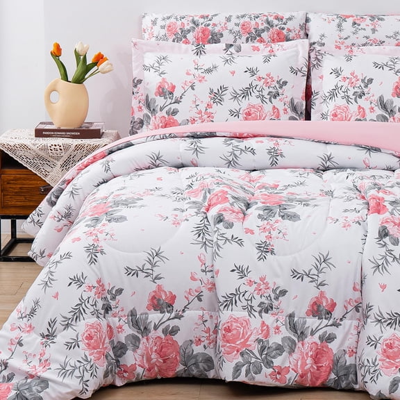 Queen Bedding Set Flower - Pink Grey Leaves 7 Piece Microfiber Bed In A Bag