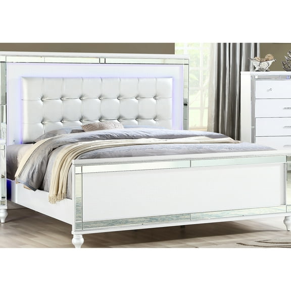 Queen Bedroom Bed With Wood Frame, White Upholstered Headboard And Crystal Led Modern Upholstery, Tufting Design