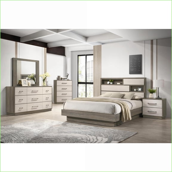 Queen Bedroom Furniture Set, 5-Piece Modern Two-Tone Tan Brown & Dark Brown Wood with Storage & USB Ports | Wood | Standard Beds