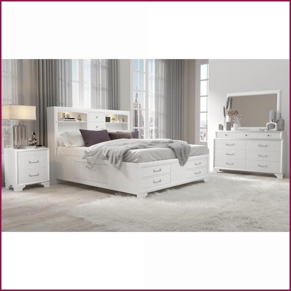 Queen Bedroom Furniture Set 5-Piece White with Drawer Storage | Solid Wood+MDF | Bookcase Beds