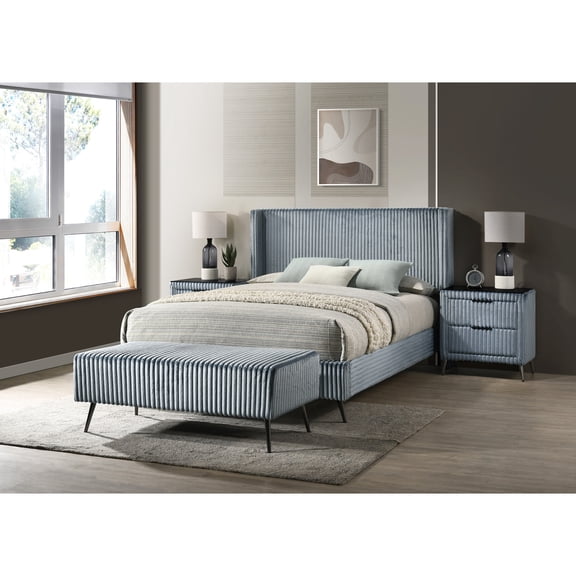 Queen Bedroom In Blue Corduroy: Bed, 2 Nightstands & Functional Bench Corduroy Furniture:
