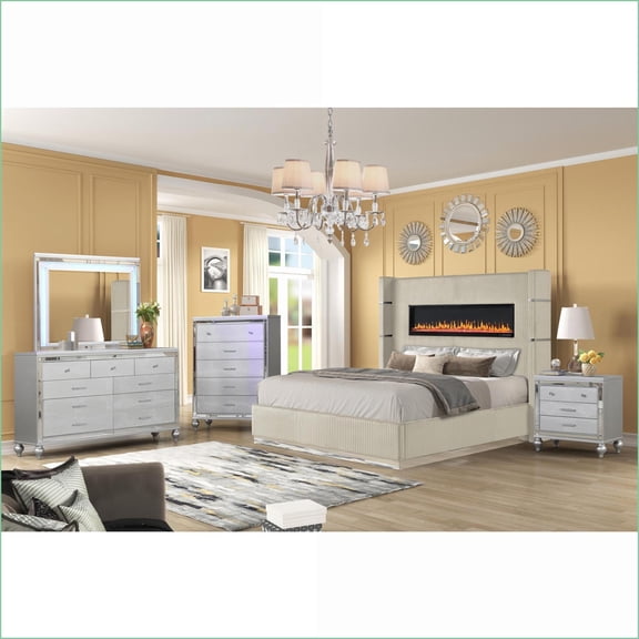Queen Bedroom Set, 5PC Modern Beige Velvet with Ambient Fireplace Display, USB/Bluetooth | Novelty Beds | Double Dressers