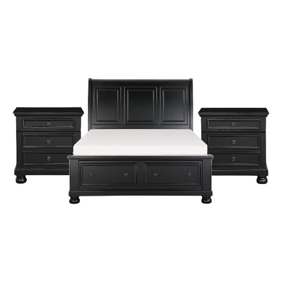 Queen Bedroom Set-Black-Storage Bed with Drawer-3-Piece with Bed- Two Nightstand