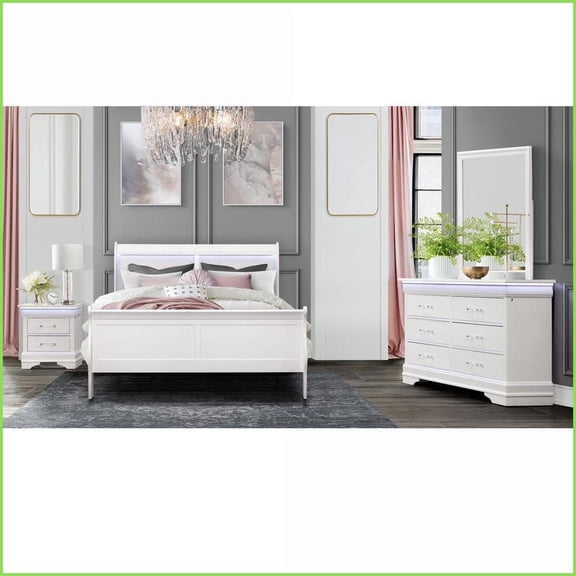 Queen Bedroom Set | Modern Rubber Wood with LED Lighting & Spacious Drawers | White | Sleigh Beds