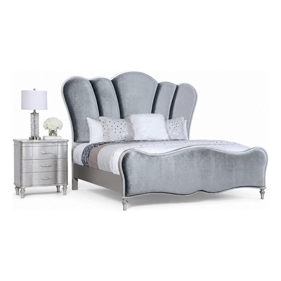 Queen Bedroom Set- Silver- Chrome Wood- 2 Piece Set with Nightstand