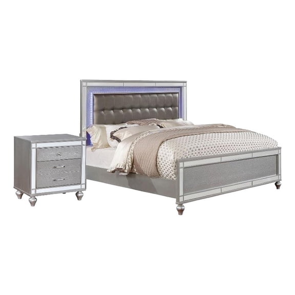 Queen Bedroom Set- Silver Wood- 2 Piece Set with Nightstand