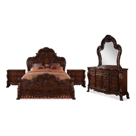 Queen Bedroom Set-Wood Design-Brown-5-Piece Set-Bed-2 Nightstand-Dresser-Mirror