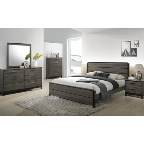 Queen Bedroom Set including Bed, Dresser etc. | Modern Style for Bedroom Function | Wood with Black Accents and Grey Finish | Resolves Bedroom Storage Problems