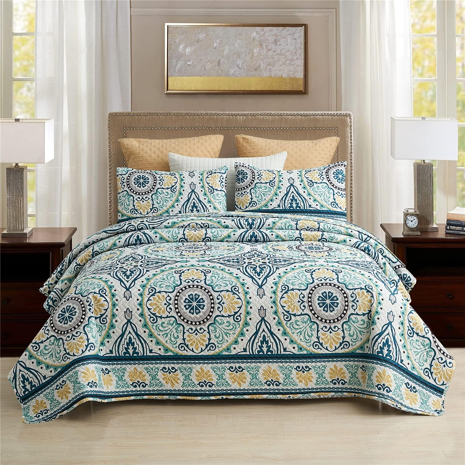 Queen Size Boho Medallion Reversible Microfiber Quilt Set