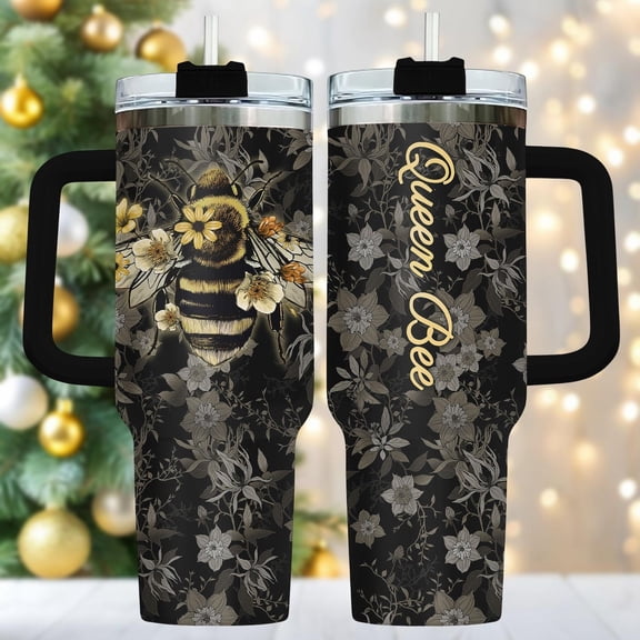 Queen Bee 40oz Tumbler, Engraved Stainless Tumbler With Handle, Floral Coffee Cup Gift For Her, Holiday Drinkware For Travel, Christmas