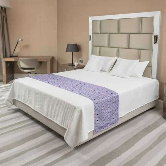 Queen Bee Bed Runner, Ornamental Curves and Motifs with Insect Silhouettes, Decorative Accent Bedding Scarf for Hotels Homes and Guestrooms, Queen, Pale Ceil Blue Fuchsia, by Ambesonne