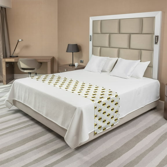 Queen Bee Bed Runner, Silhouettes Placed on Hexagons Background, Decorative Accent Bedding Scarf for Hotels Homes and Guestrooms, King, White Mustard, by Ambesonne