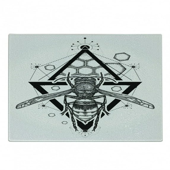 Queen Bee Cutting Board, Beehive Pattern with Triangles Background and Sketch Style Monochrome Insect, Decorative Tempered Glass Cutting and Serving Board, Small Size, Black White, by Ambesonne