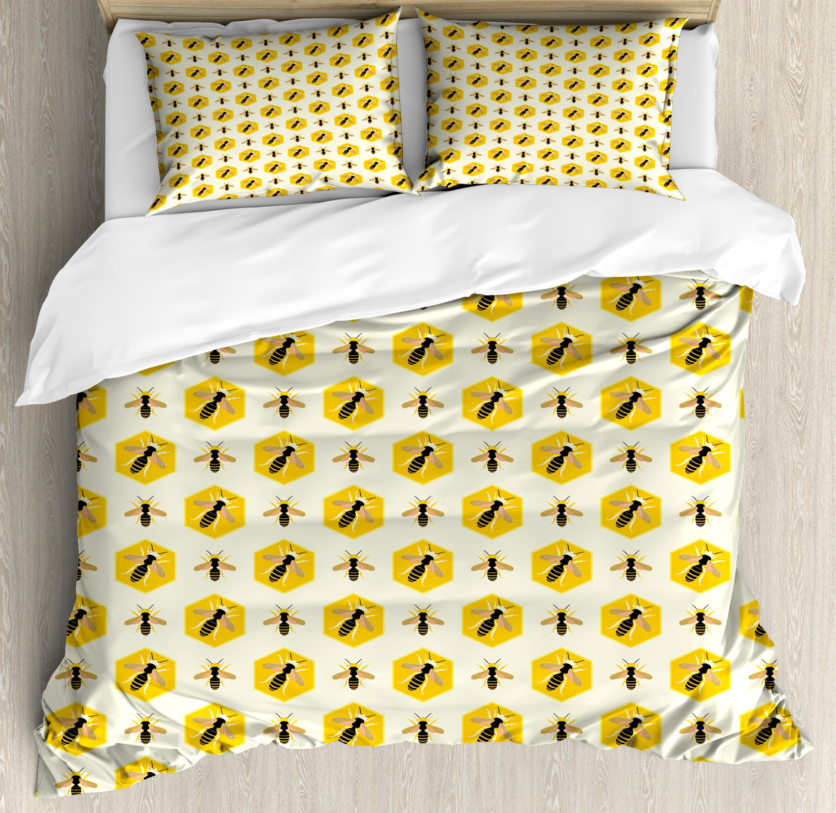 Queen Bee Duvet Cover Set, Illustration of Repeating Hexagon Shaped or Hives, Decorative 3 Piece