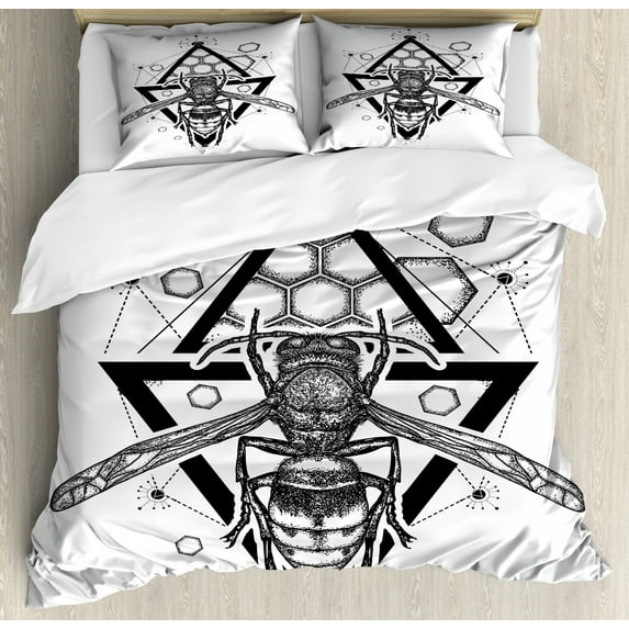 Queen Bee Duvet Cover Set King Size, Beehive Pattern with Triangles Background and Sketch Style Monochrome Insect, Decorative 3 Piece Bedding Set with 2 Pillow Shams, Black White, by Ambesonne