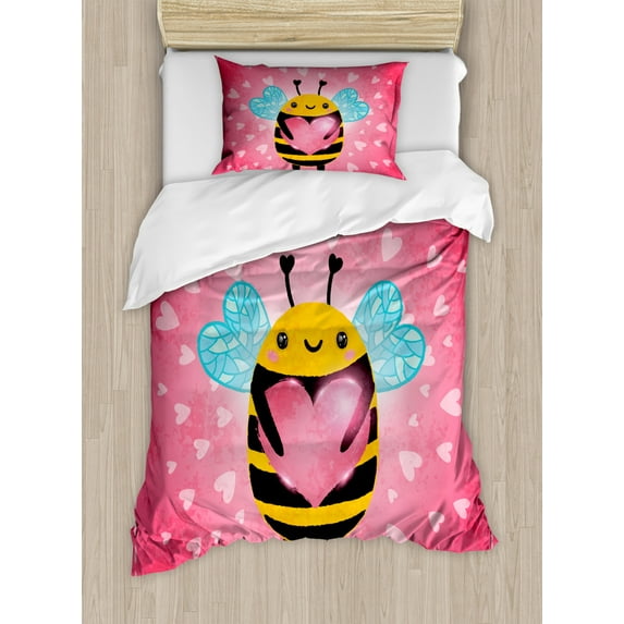 Queen Bee Duvet Cover Set Twin Size, Valentine's Day Themed Bumblebee Holding a Giant Heart Cartoon Style, Decorative 2 Piece Bedding Set with 1 Pillow Sham, Coral Pale Blue Yellow, by Ambesonne