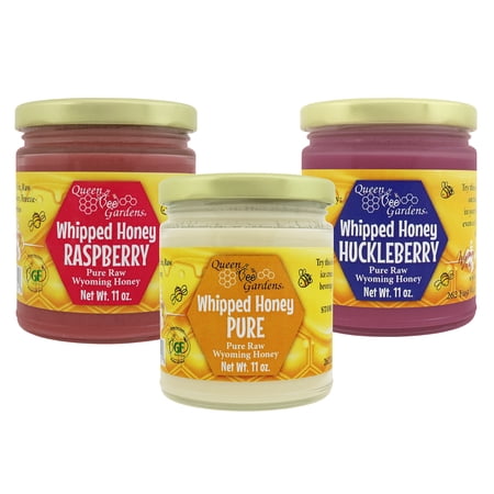 Queen Bee Gardens Naturally Flavored Whipped Wyoming Honey - Variety Pack: Raspberry, Huckleberry, and All Natural - 3 Pack