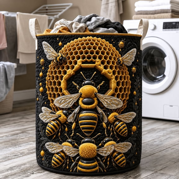Queen Bee Hive Quilted Laundry Basket, with Handles, Foldable Clothes Hamper for Bedroom Storage