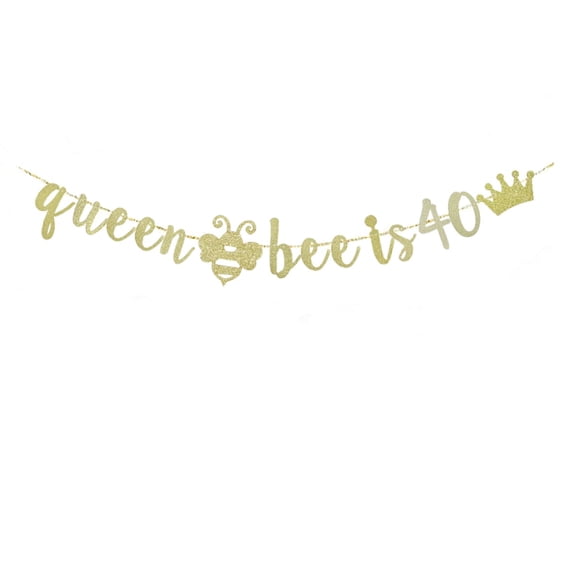 Queen Bee Is 40 Gold Glitter Paper Banner Sign For 40th Party Supplies, Bumble Bee Themed Mom/Women 40 Years Old Bday Party Bunting Decorations