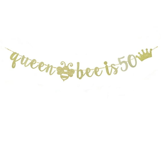 Queen Bee Is 50 Gold Glitter Paper Banner Sign For 50th Party Supplies, Bumble Bee Themed Mom/Women 50 Years Old Bday Party Bunting Decorations