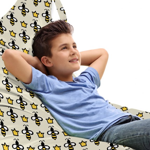 Queen Bee Lounger Chair Bag, Repetitive Cartoon Style Bees and Crowns Drawn by Hand, High Capacity Storage with Handle Container, Lounger Size, Eggshell Mustard, by Ambesonne