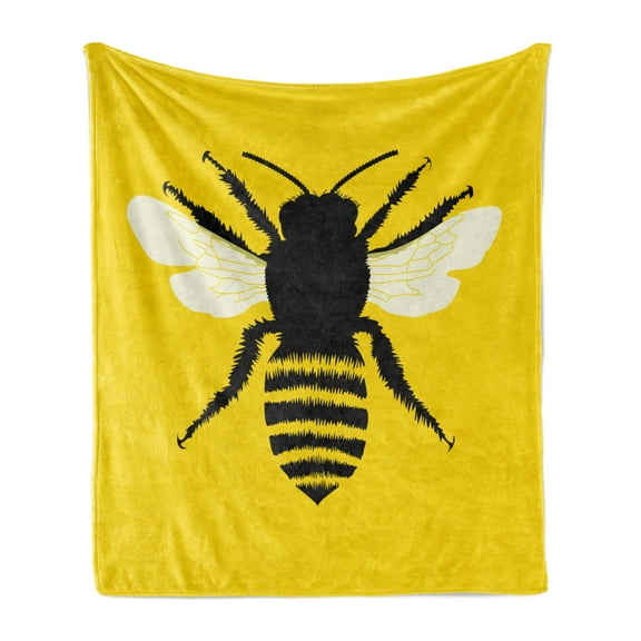 Queen Bee Soft Flannel Fleece Blanket, Silhouette of Honeybee with Stripped Design and Detailed Wings Abstract, Cozy Plush for Indoor and Outdoor Use, 50" x 60", Black Yellow White, by Ambesonne