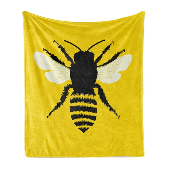 Queen Bee Soft Flannel Fleece Blanket, Silhouette of Honeybee with Stripped Design and Detailed Wings Abstract, Cozy Plush for Indoor and Outdoor Use, 70" x 90", Black Yellow White, by Ambesonne