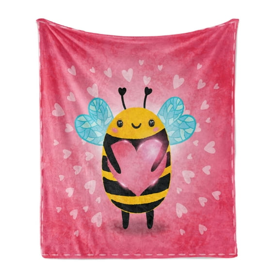 Queen Bee Soft Flannel Fleece Blanket, Valentine's Day Themed Bumblebee Holding a Giant Heart Cartoon Style, Cozy Plush for Indoor and Outdoor Use, 50" x 70", Coral Pale Blue Yellow, by Ambesonne
