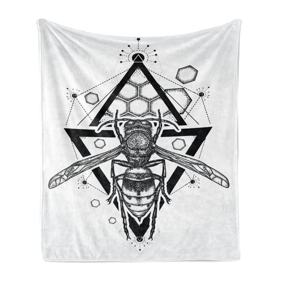 Queen Bee Soft Flannel Fleece Throw Blanket, Beehive Pattern with Triangles Background and Sketch Style Monochrome Insect, Cozy Plush for Indoor and Outdoor Use, 60" x 80", Black White, by Ambesonne