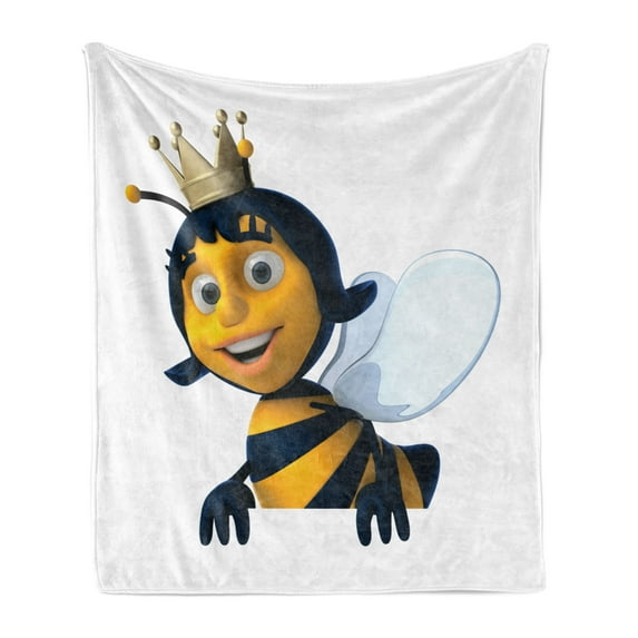 Queen Bee Soft Flannel Fleece Throw Blanket, Digitally Constructed 3D Queen Bee Crown Mother of Colony, Cozy Plush for Indoor and Outdoor Use, 50" x 60", Earth Yellow Royal Blue, by Ambesonne