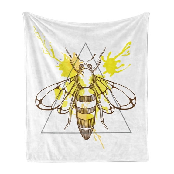 Queen Bee Soft Flannel Fleece Throw Blanket, Makhenda Patterned Bee on Color Splashed Background Hand Drawn Doodle Sketch, Cozy Plush for Indoor and Outdoor Use, 50" x 70", Brown Yellow, by Ambesonne